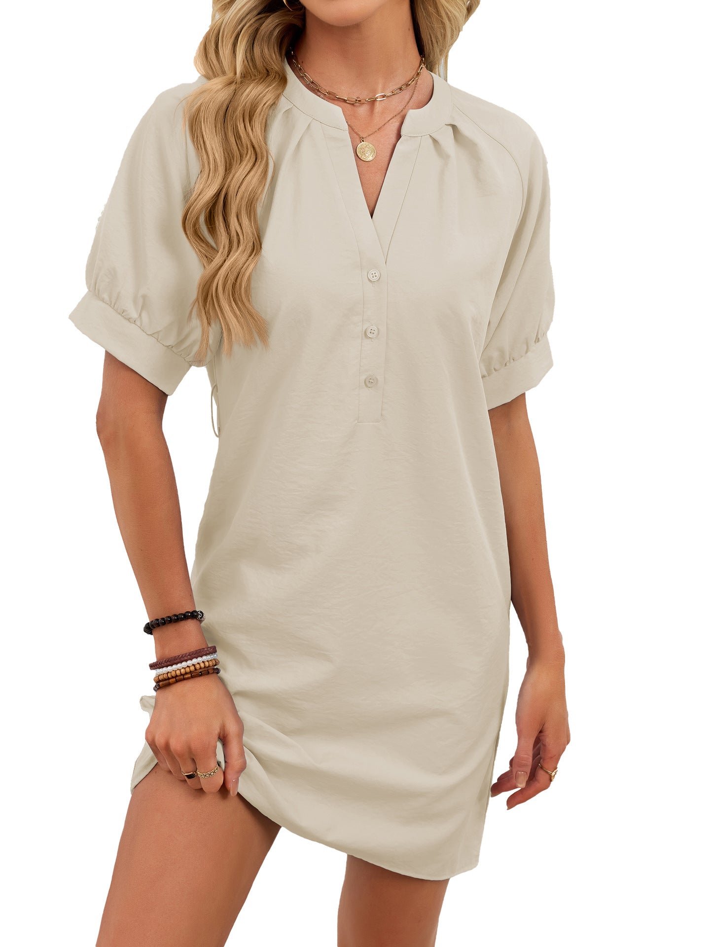 Women's Solid-Color Casual V-Neck Lace-Up Dress