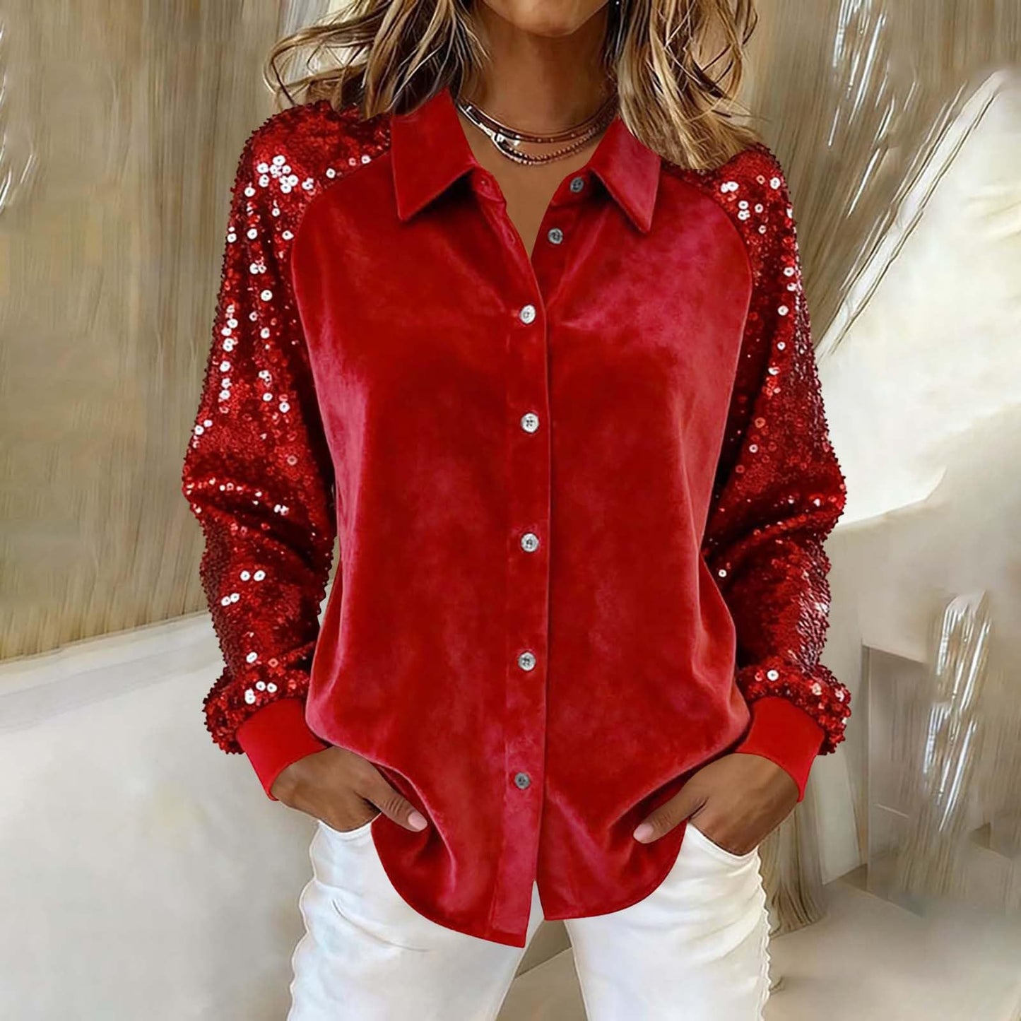 Women's Velvet Loose Shirt With Sequined Sleeves