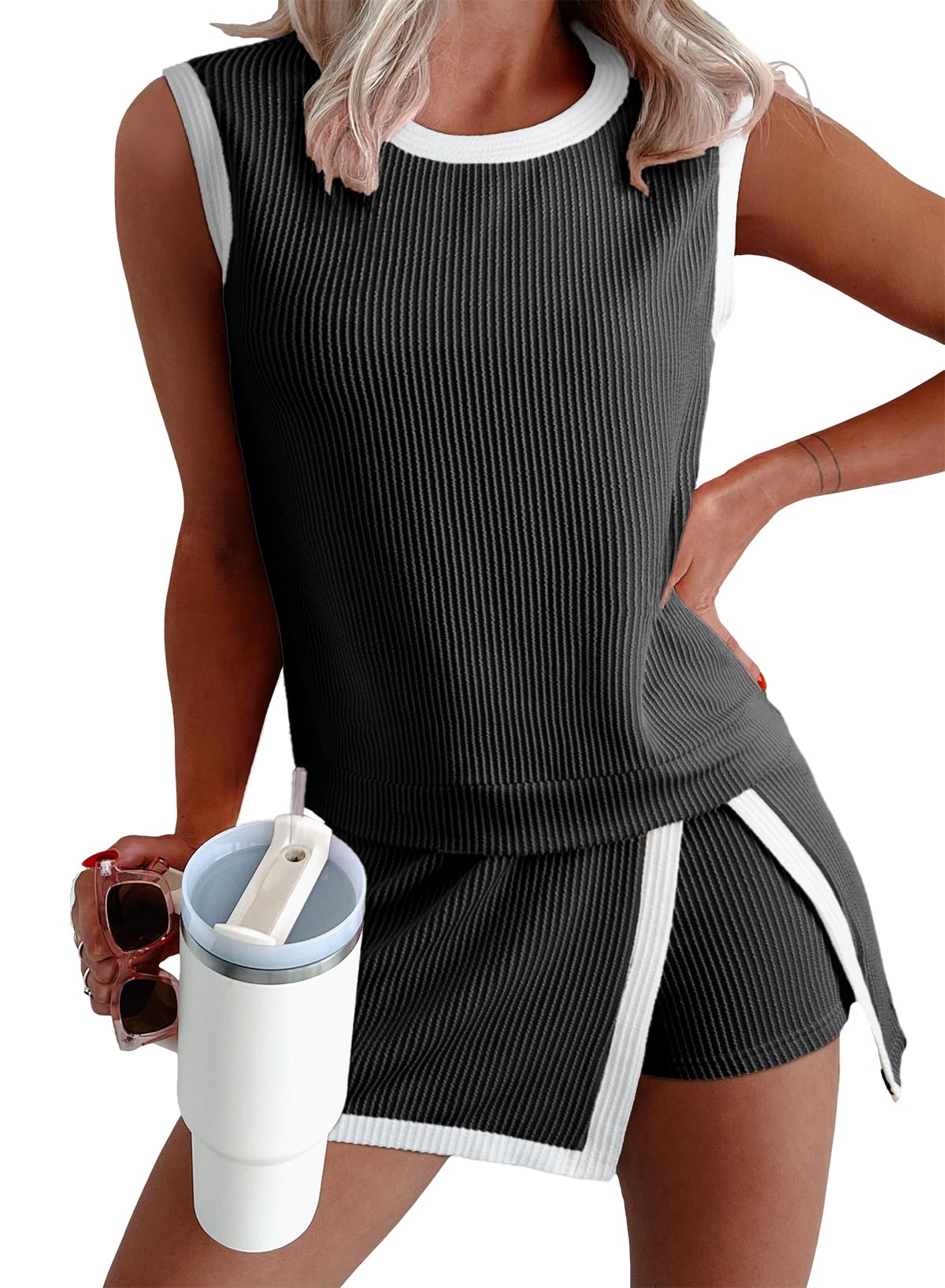 1Set Ribbed Sleeveless Top Shorts Set Women Summer Casual Two Piece Outfit