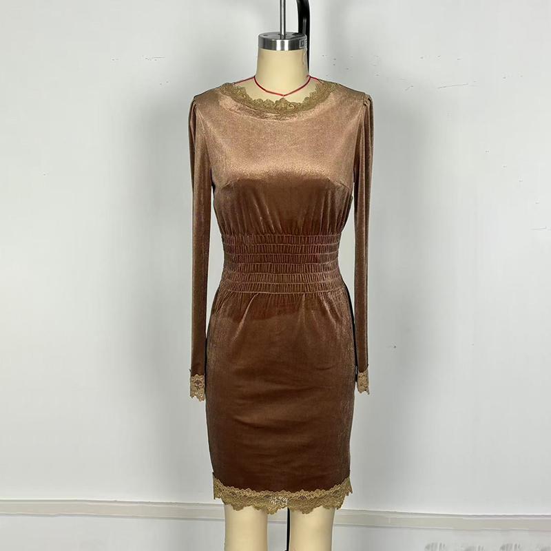 Women's Velvet Lace Trim Bodycon Dress, Long Sleeve Midi Cocktail Dress