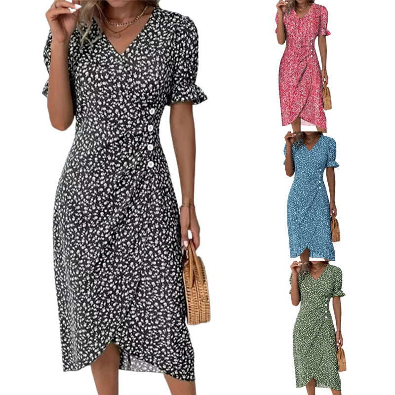 New V-neck Printed Button Irregular Hem Dress