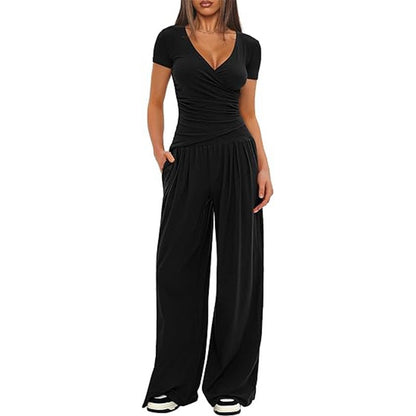 Women's Short-sleeve Sportswear And Wide-leg Pants Set