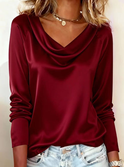 Women's Solid-Color Loose-fit Boat-Neck Draping Long-Sleeve Base Shirt