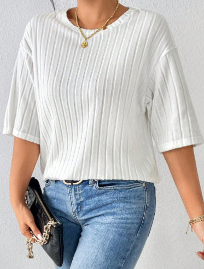 Women's Solid-Color Ribbed Brushed Knit Loose Short-Sleeve Top