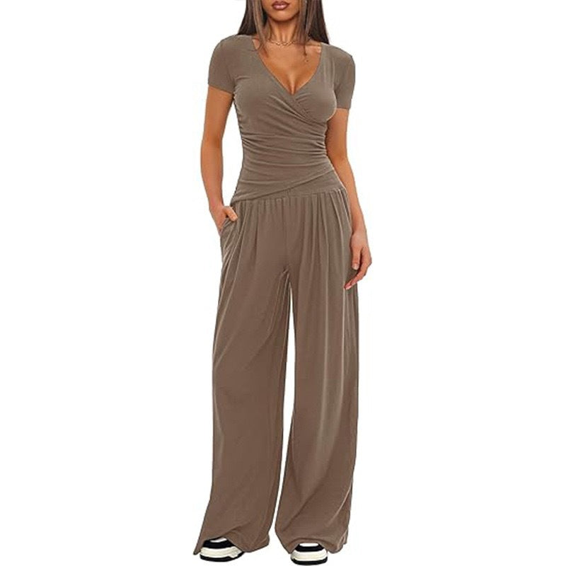 Women's Short-sleeve Sportswear And Wide-leg Pants Set