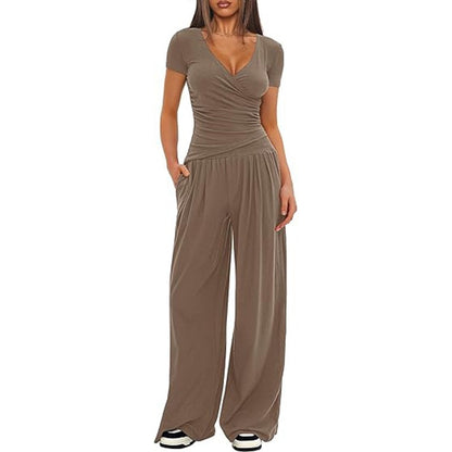Women's Short-sleeve Sportswear And Wide-leg Pants Set