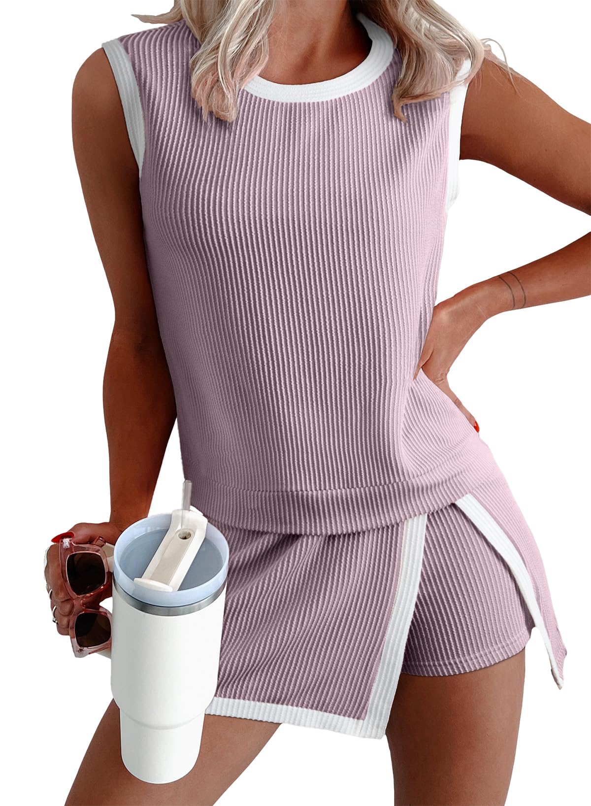 1Set Ribbed Sleeveless Top Shorts Set Women Summer Casual Two Piece Outfit