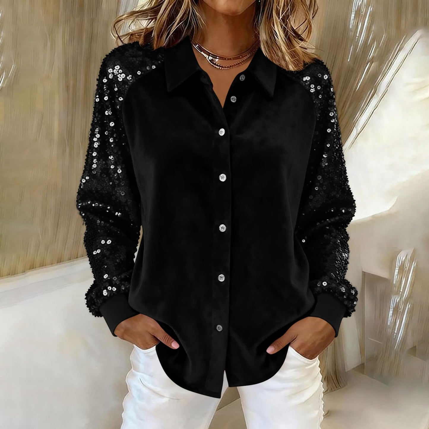 Women's Velvet Loose Shirt With Sequined Sleeves