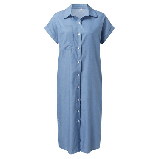 Fashion Solid Color Denim Short Sleeve Jumpsuit Slit Skirt