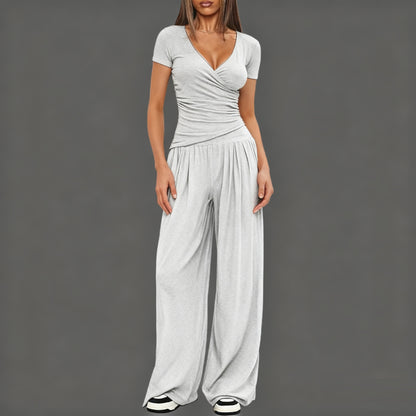 Women's Short-sleeve Sportswear And Wide-leg Pants Set