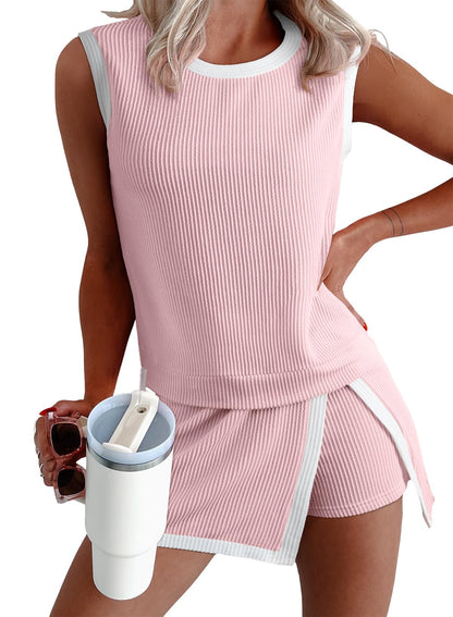 1Set Ribbed Sleeveless Top Shorts Set Women Summer Casual Two Piece Outfit