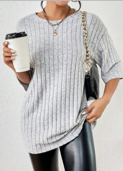 Women's Solid-Color Ribbed Brushed Knit Loose Short-Sleeve Top