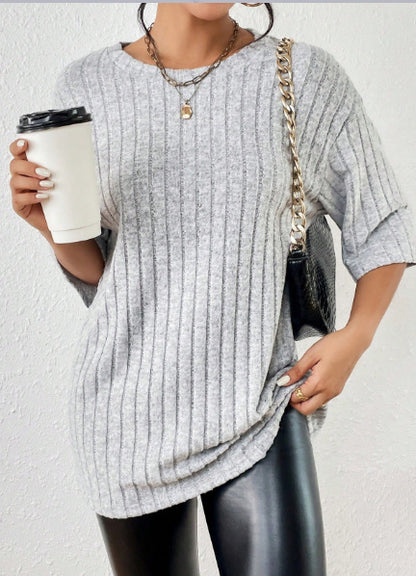 Women's Solid-Color Ribbed Brushed Knit Loose Short-Sleeve Top