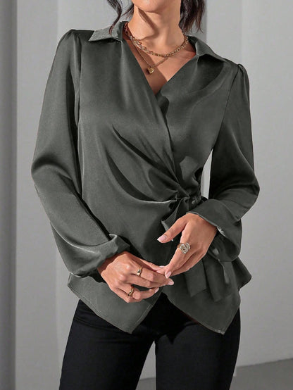 Women's Solid-color Designer-style Long-sleeve Satin Shirt
