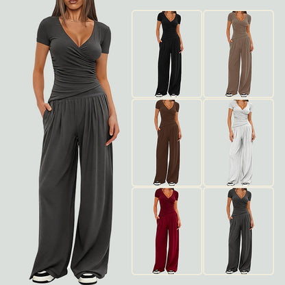 Women's Short-sleeve Sportswear And Wide-leg Pants Set
