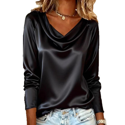 Women's Solid-Color Loose-fit Boat-Neck Draping Long-Sleeve Base Shirt