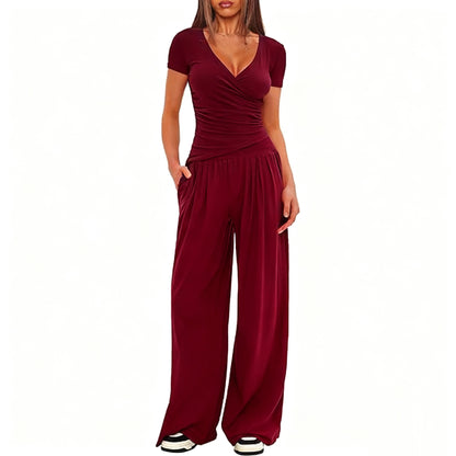 Women's Short-sleeve Sportswear And Wide-leg Pants Set