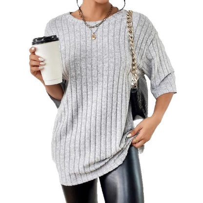 Women's Solid-Color Ribbed Brushed Knit Loose Short-Sleeve Top