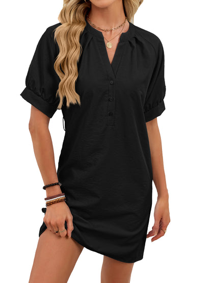 Women's Solid-Color Casual V-Neck Lace-Up Dress