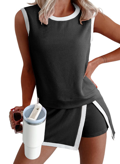 1Set Ribbed Sleeveless Top Shorts Set Women Summer Casual Two Piece Outfit
