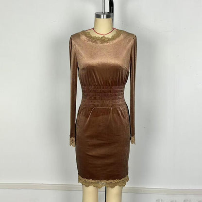 Women's Velvet Lace Trim Bodycon Dress, Long Sleeve Midi Cocktail Dress