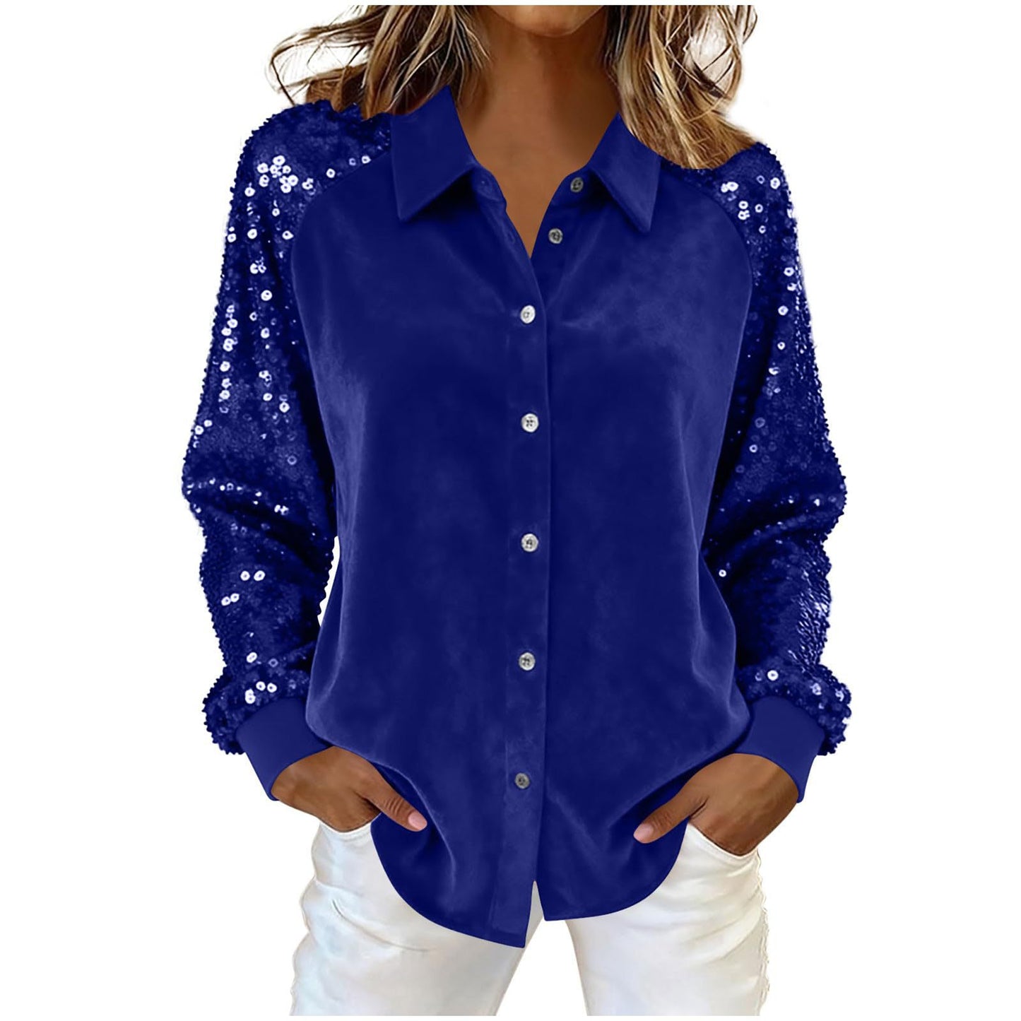Women's Velvet Loose Shirt With Sequined Sleeves