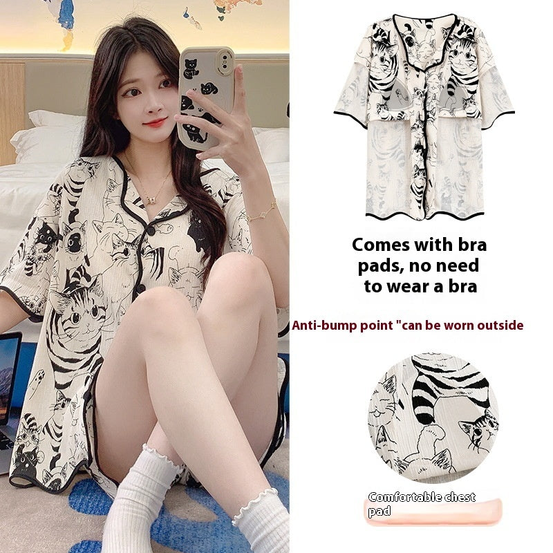 Summer Women's Cardigan Padded Pajamas Short Sleeve Shorts