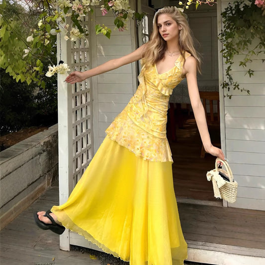 Yellow Floral-print V-neck Slip Dress With High Waist And Mesh Paneling
