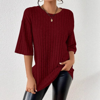 Women's Solid-Color Ribbed Brushed Knit Loose Short-Sleeve Top