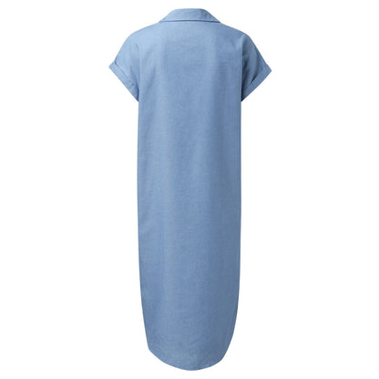 Fashion Solid Color Denim Short Sleeve Jumpsuit Slit Skirt