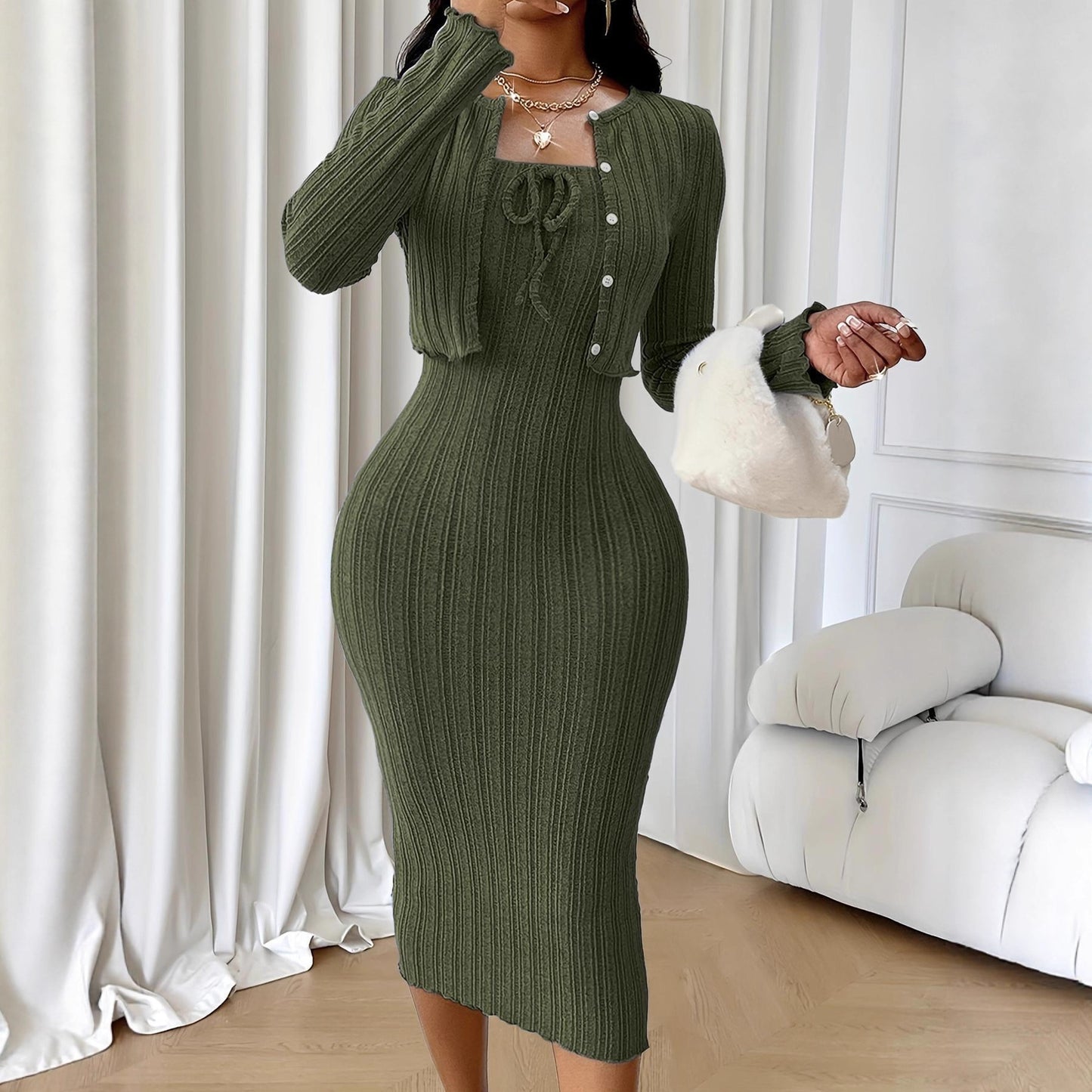 Women's Solid-Color French-Style Slim-Fit Knitted Dress Set