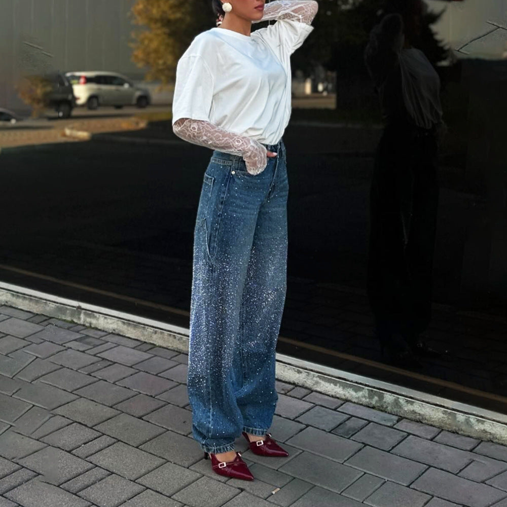 Niche Hot Drilling Versatile Personality Straight-leg Pants Female