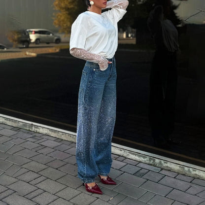 Niche Hot Drilling Versatile Personality Straight-leg Pants Female