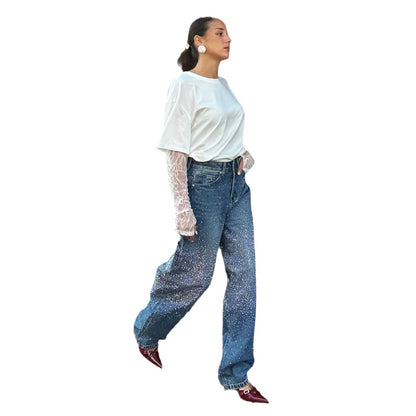 Niche Hot Drilling Versatile Personality Straight-leg Pants Female