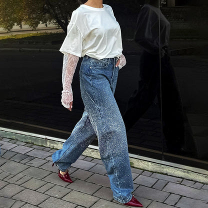 Niche Hot Drilling Versatile Personality Straight-leg Pants Female
