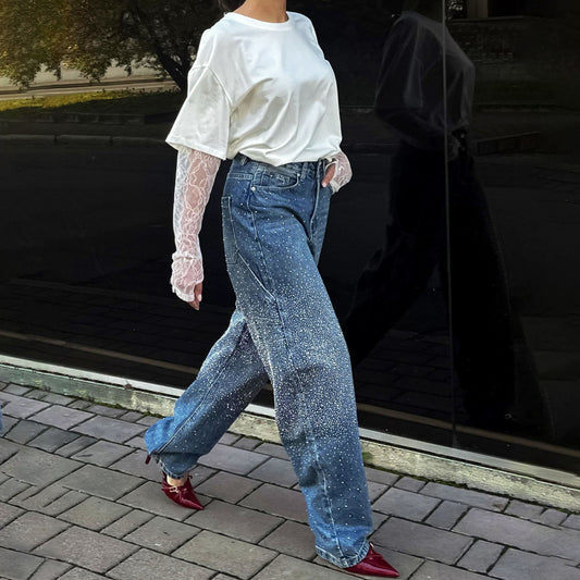 Niche Hot Drilling Versatile Personality Straight-leg Pants Female