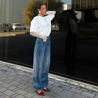Niche Hot Drilling Versatile Personality Straight-leg Pants Female