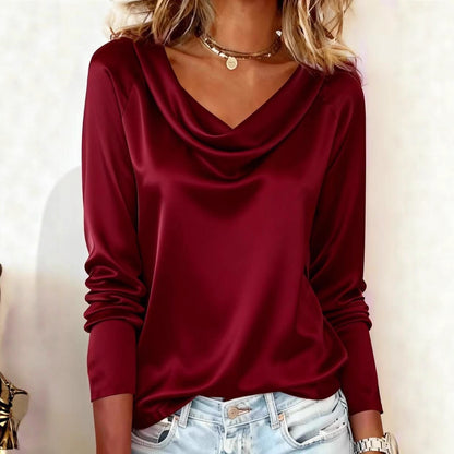 Women's Solid-Color Loose-fit Boat-Neck Draping Long-Sleeve Base Shirt