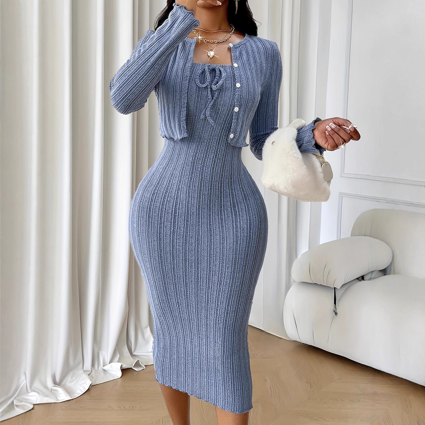 Women's Solid-Color French-Style Slim-Fit Knitted Dress Set