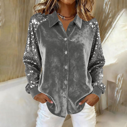 Women's Velvet Loose Shirt With Sequined Sleeves