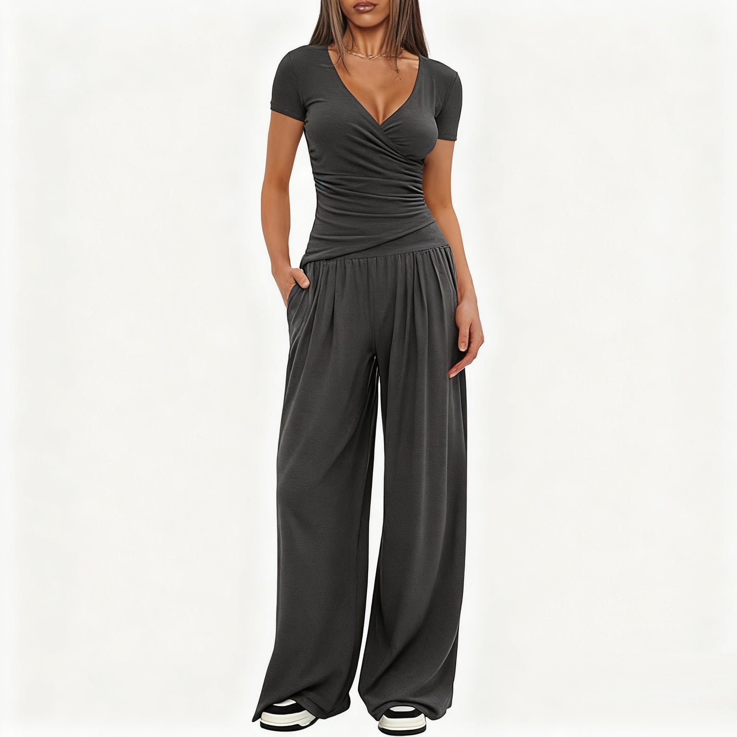 Women's Short-sleeve Sportswear And Wide-leg Pants Set