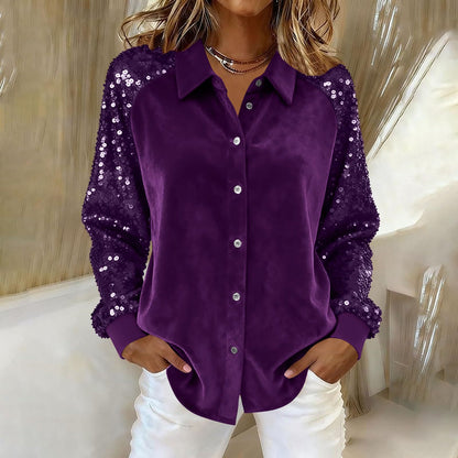Women's Velvet Loose Shirt With Sequined Sleeves