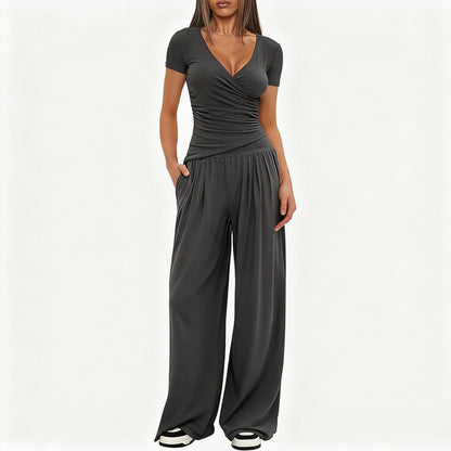 Women's Short-sleeve Sportswear And Wide-leg Pants Set