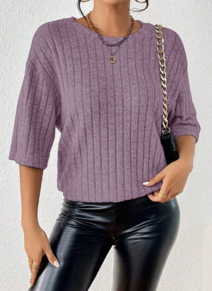 Women's Solid-Color Ribbed Brushed Knit Loose Short-Sleeve Top