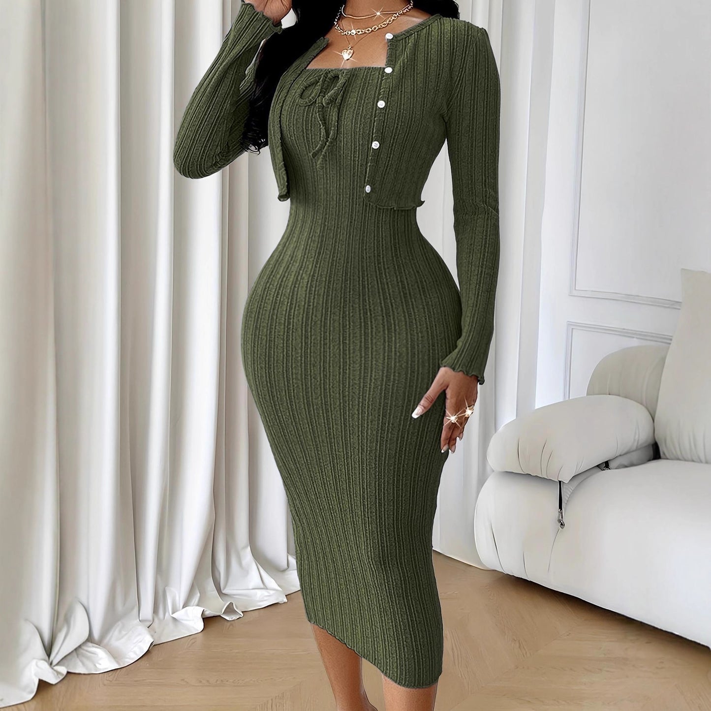 Women's Solid-Color French-Style Slim-Fit Knitted Dress Set