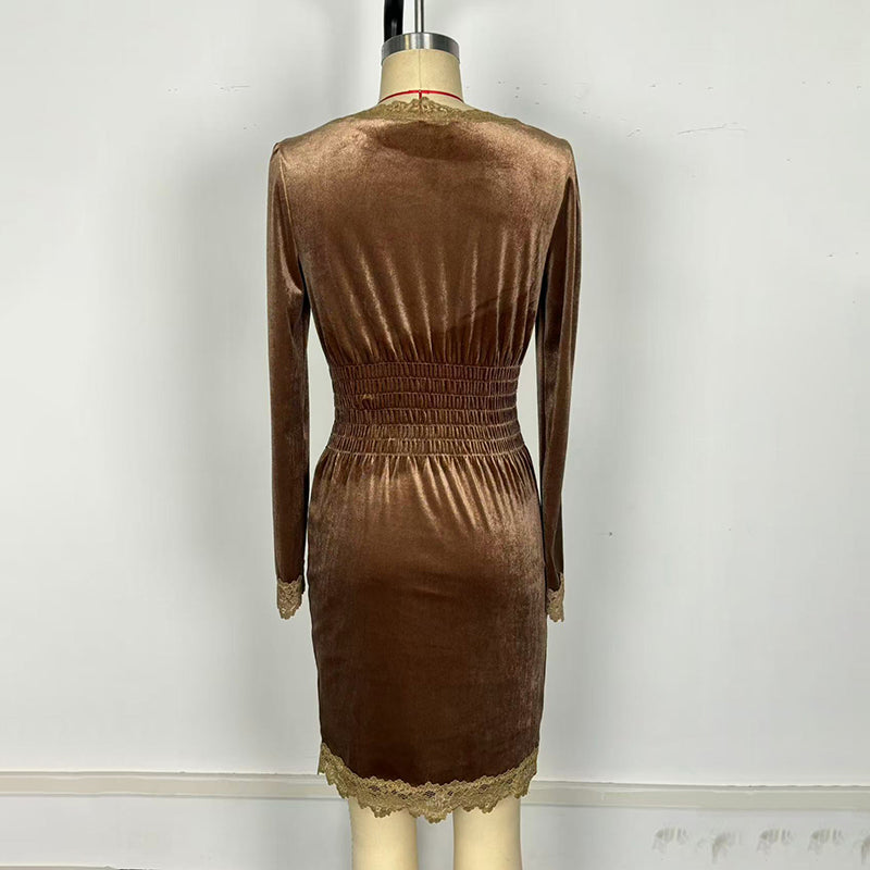 Women's Velvet Lace Trim Bodycon Dress, Long Sleeve Midi Cocktail Dress