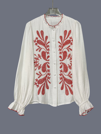 Women's Street-Style Fashion Long-Sleeve Printed Patchwork Blouse