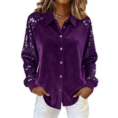 Women's Velvet Loose Shirt With Sequined Sleeves