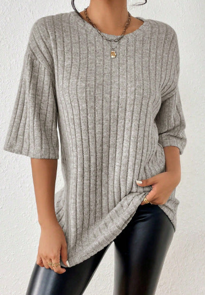 Women's Solid-Color Ribbed Brushed Knit Loose Short-Sleeve Top