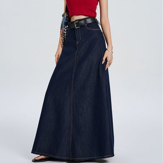 Women's Solid Color Loose Fit Blue Vintage Denim Skirt